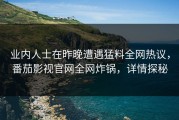 业内人士在昨晚遭遇猛料全网热议，番茄影视官网全网炸锅，详情探秘